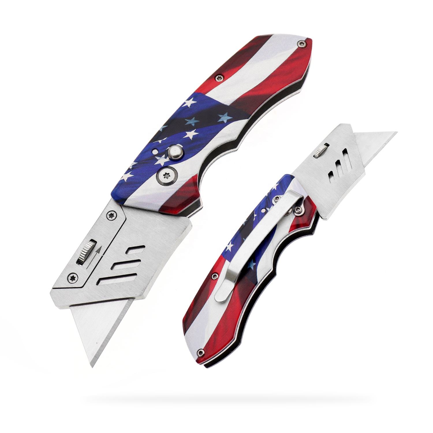 Utility Knife, Yangjiang Jinlangda, Manufacturer, Flag Pattern Utility Knife Box Cutter UV Print Foldable Stainless Steel Safety Change Blades Cardboard Rope Paper Cutting Tool